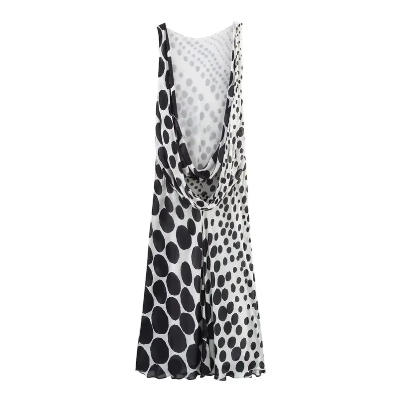 Retro Polka Dot Sleeveless Backless Long Skirt for Women Sexy Chic Summer Party Dress Fashionable Costume Robe