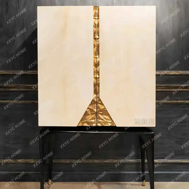 AAItalian Light Luxury Modern Minimalist Solid Wood Wine Cabinet Stainless Steel Decorative Villa Integrated Side Cabinet