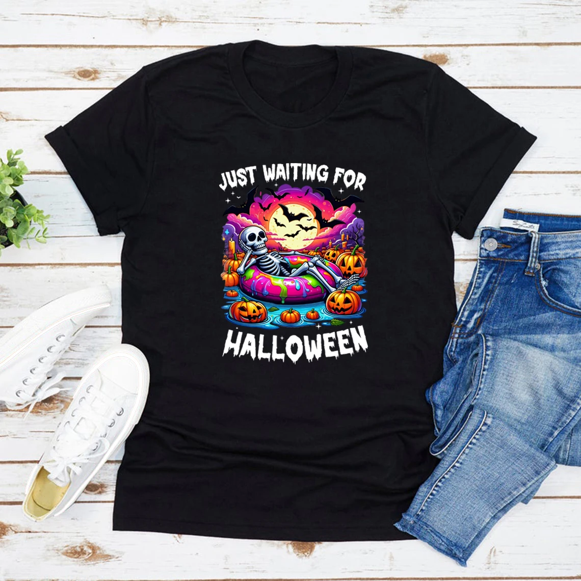 Just Waiting for Halloween T Shirt Skeleton Tshirt Funny Spooky Halloween Skeleton T Shirts Short Sleeve T-shirts Vintage Tees