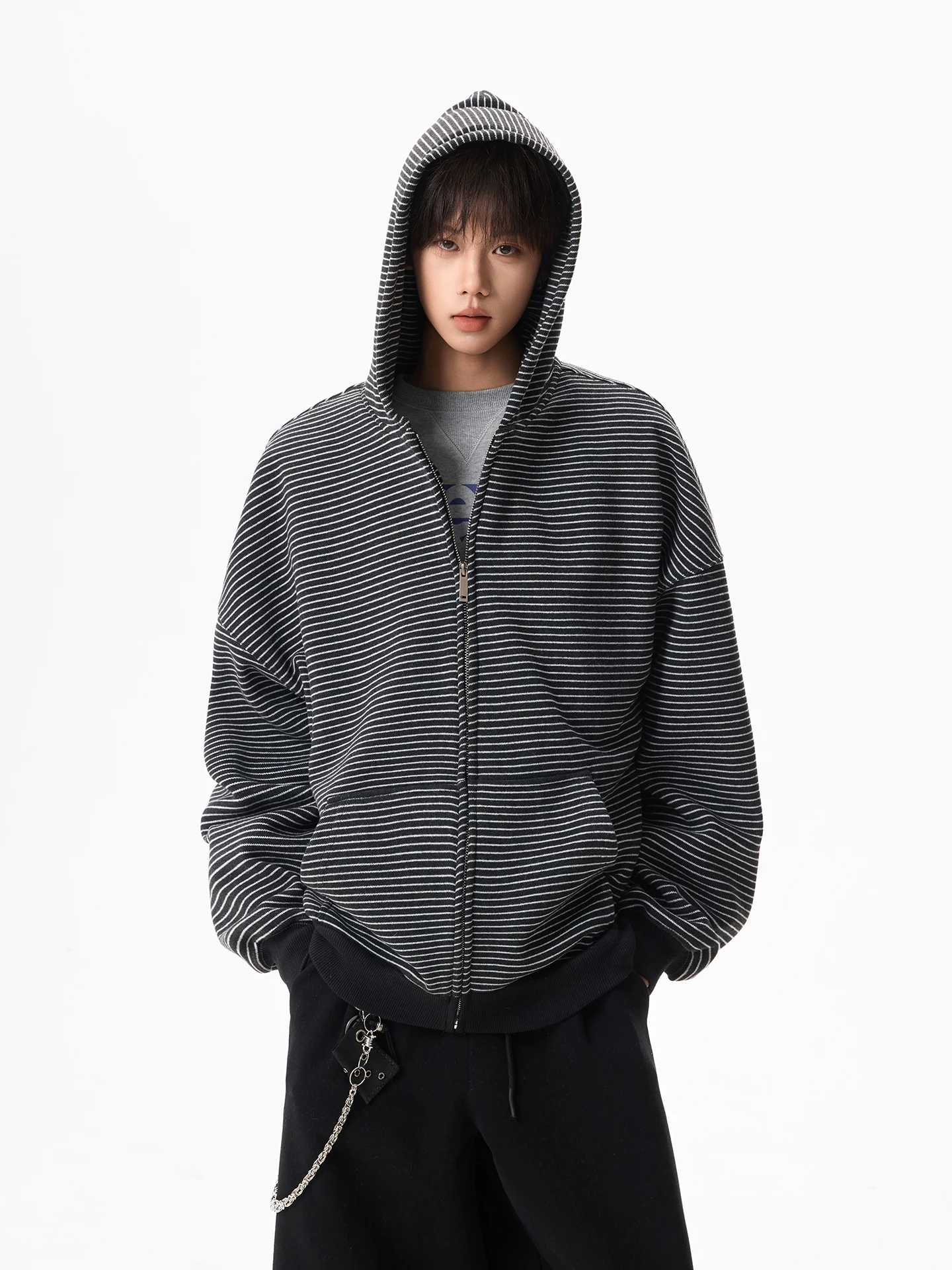 

ex Полосатая толстовка на молнии с капюшоном Lazy Sle Sports Vintage Jaet Повседневная свободная посадка Длинная смесь хлопка и полиэстера све