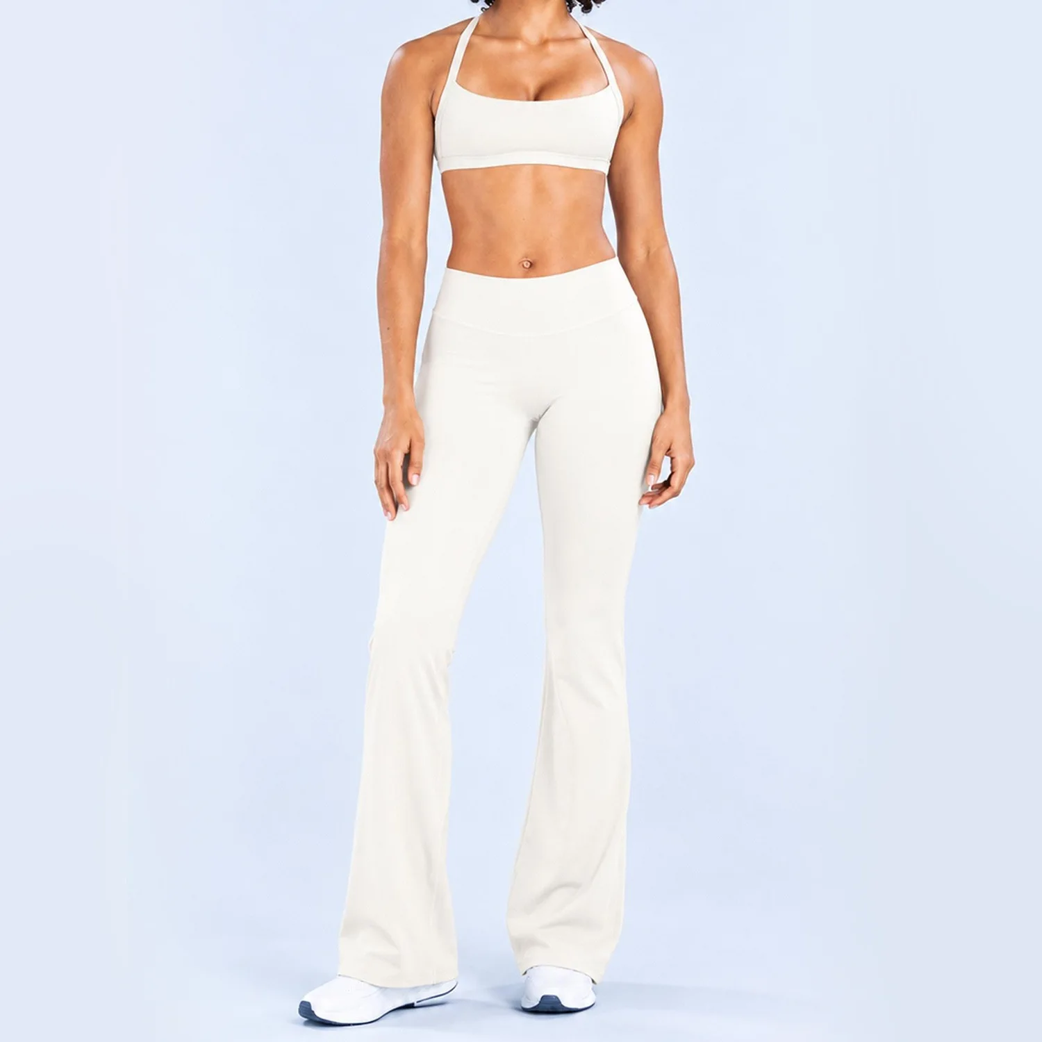 New 2-piece set of women's padded back sports bra and yoga pants - high-waisted and hip-raising flared pants yoga set