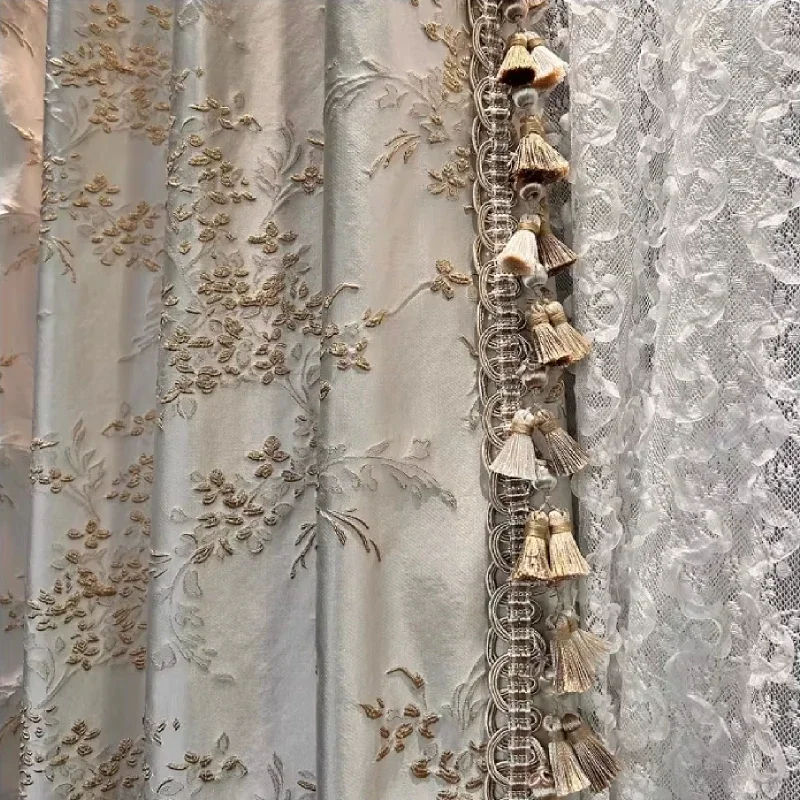 Blue Grey Embossed Gold Thread Jacquard Thickened Blackout Curtains for Living Room Bedroom French Window Villa Customization