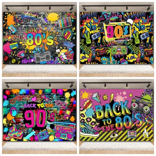 Fondo de música Discoteca de Hip Hop de los años 80 y 90, decoración de fondo de fotografía para fiesta de cumpleaños de bebé y adulto con brillo de neón y danza Graffiti