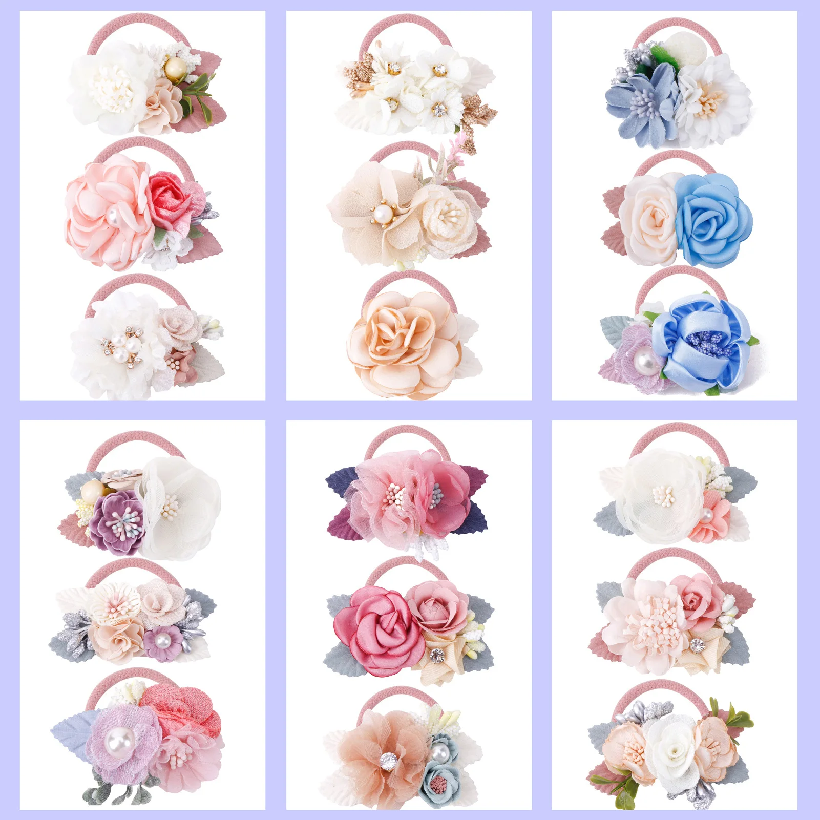 3 Pcs Set Princess Style Flower Hair Rope Hair Rings New Hot Sell Fresh & Idyllic Style Super Elastic Flower Hair Rope for Girls