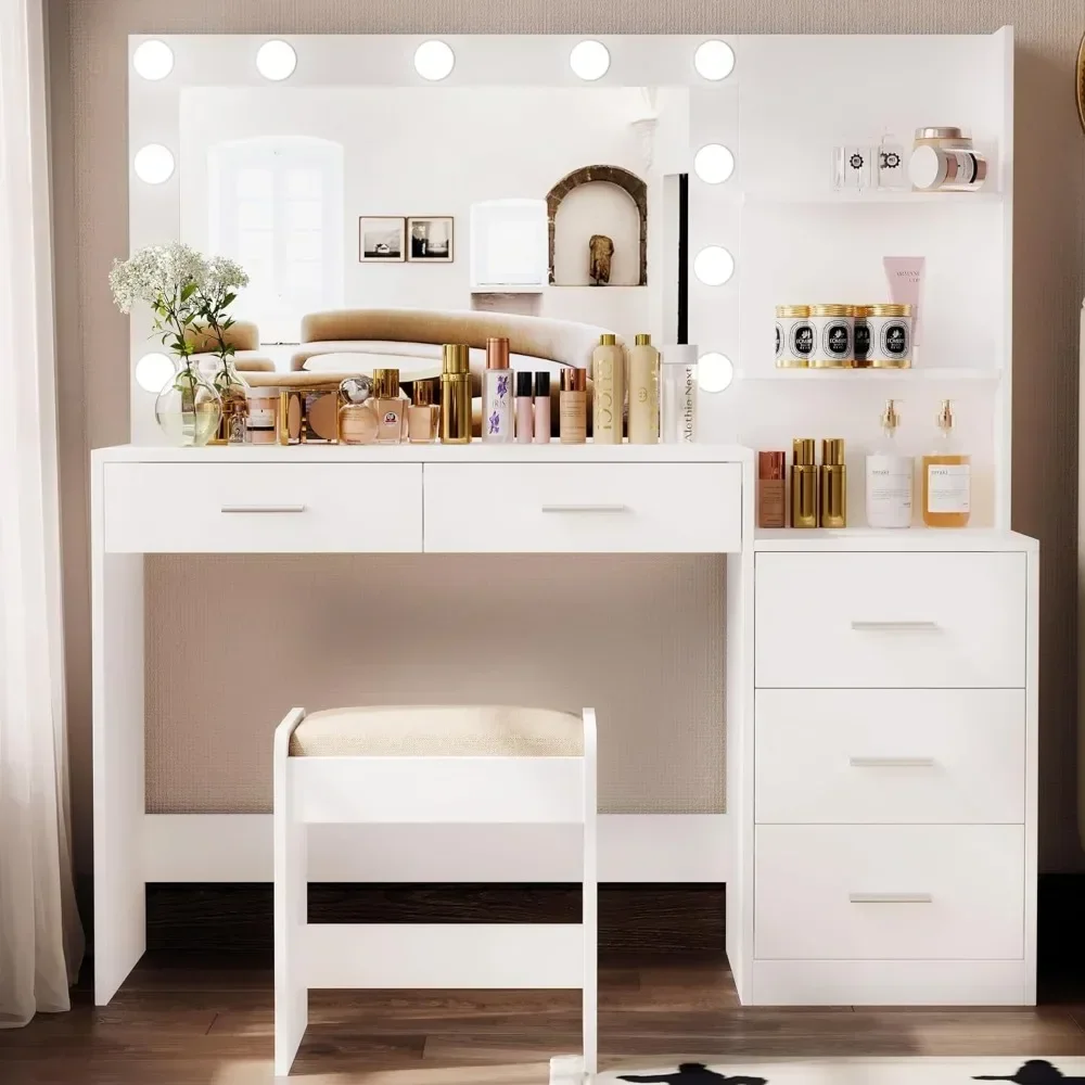 

46.7" W Makeup Vanity Set with Lights and Mirror, Vanity Desk with 5 Drawers, 3 Lighting Colors, Dressing Table for Bedroom