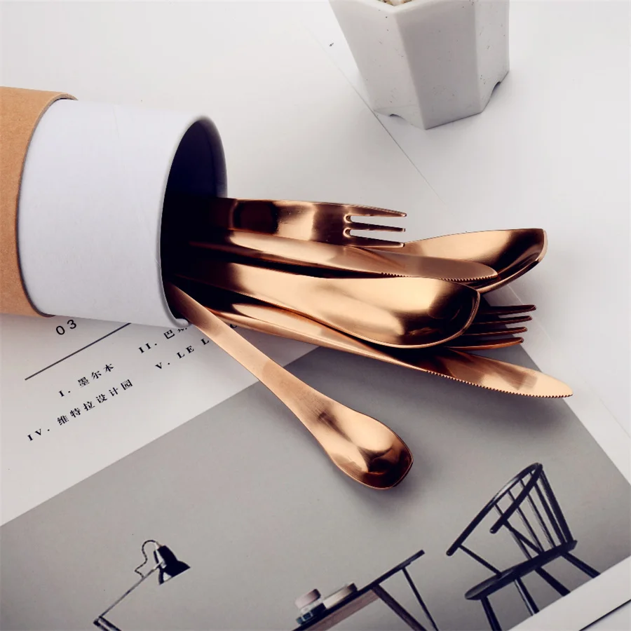 304 Forged Stainless Steel Knife and Fork Spoon, Rose Gold, Black, All Gold, Hotel Dining Knife, 7Pcs Set