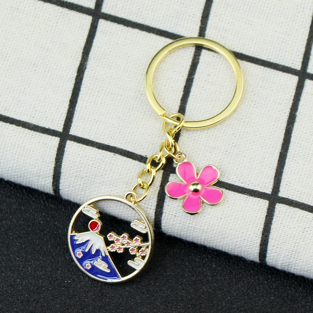 Cartoon Schlüsselanhänger Japan Fuji Berg Sakura Schlüsselanhänger Blume Emaille Schlüsselanhänger Souvenir Geschenke für Frauen Männer handgemachte Schmuck Geschenk