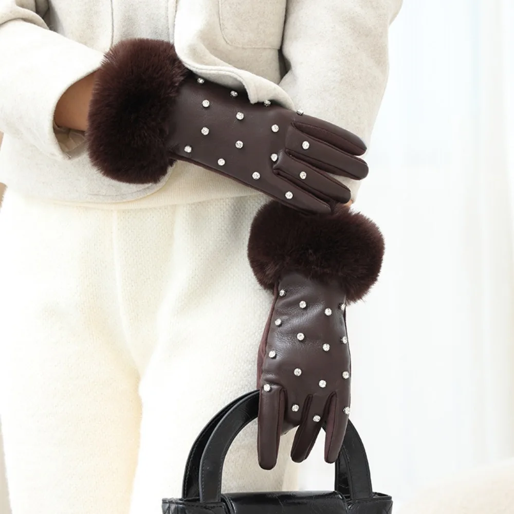 

Gift Velvet Rhinestone Winter Gloves Soft Pu Leather Gloves Korean Style Windproof Women Warm Mittens Outdoor