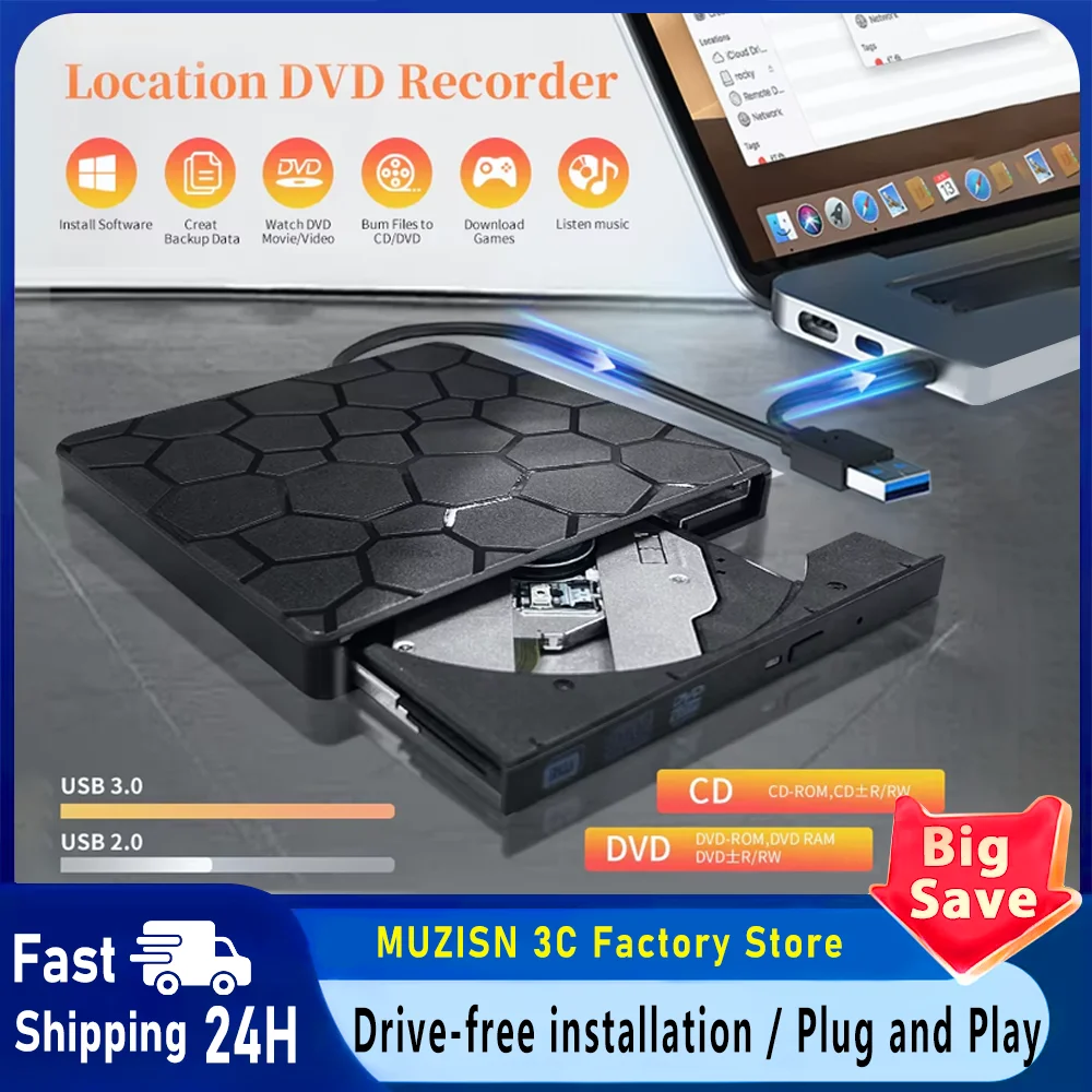 

Внешний DVD-привод 2 в 1, интерфейс USB 3.0 типа C, тонкий DVD-диск, записывающее устройство, считыватель, плеер, оптический привод для ноутбука, ноутбука