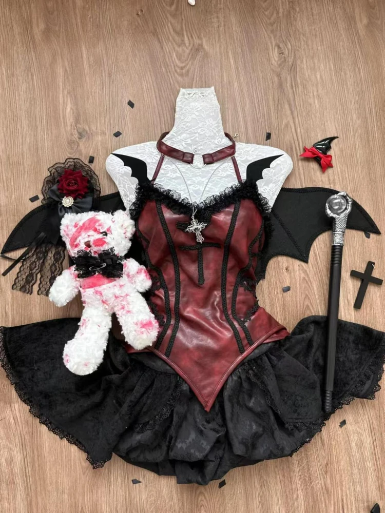 Halloween Clothing Lolita Y2k New Two Piece Set Women Vintage Lace Vest + Blakc Cake Skirt Female Cosplay Gothic Retro Suit 2024