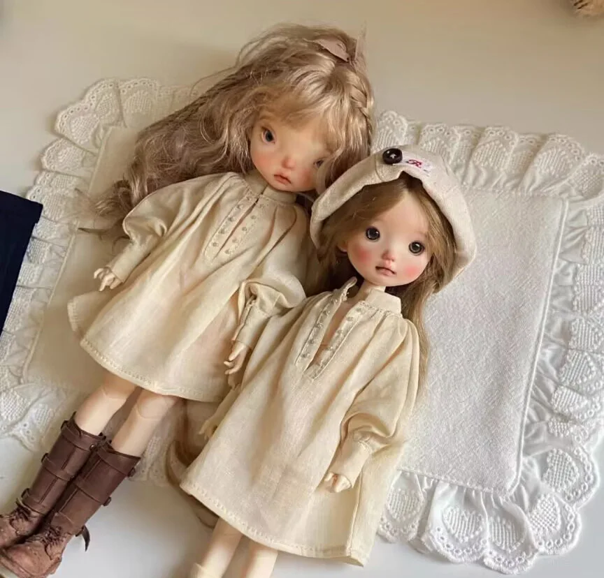 1pcs vintage reto style 2025 Blythe/landoudou Champagne linen one-piece dress (Fit for Lulu,ymy24,Ob22,24,26,zone, Jenny)