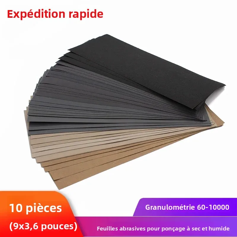 10 feuilles de papier abrasif humide et sec 9x3,6 pouces, imperméables, pour ponçage automobile, bois, métal, plastique et polissage