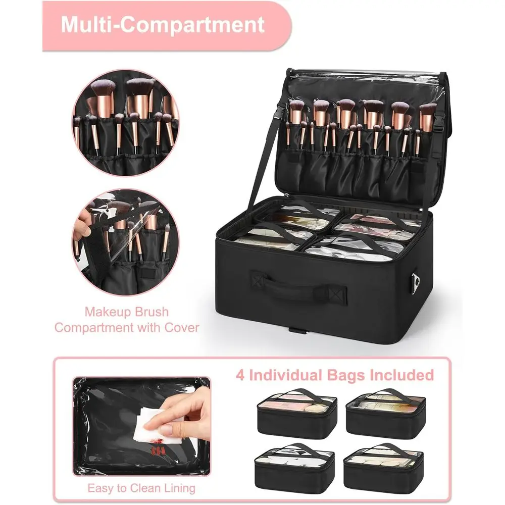 전문가용 메이크업 케이스 (조절 가능한 칸막이, 투명 가방, 립스틱 홀더, 어깨끈 포함)