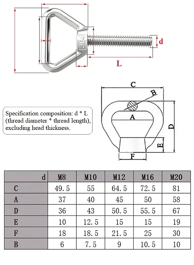 304 Stainless Steel M8 M10 M12 M16 M20 Triangular Lifting Ring Screws Eyebolt Welded Load-Bearing Bolt Fastener