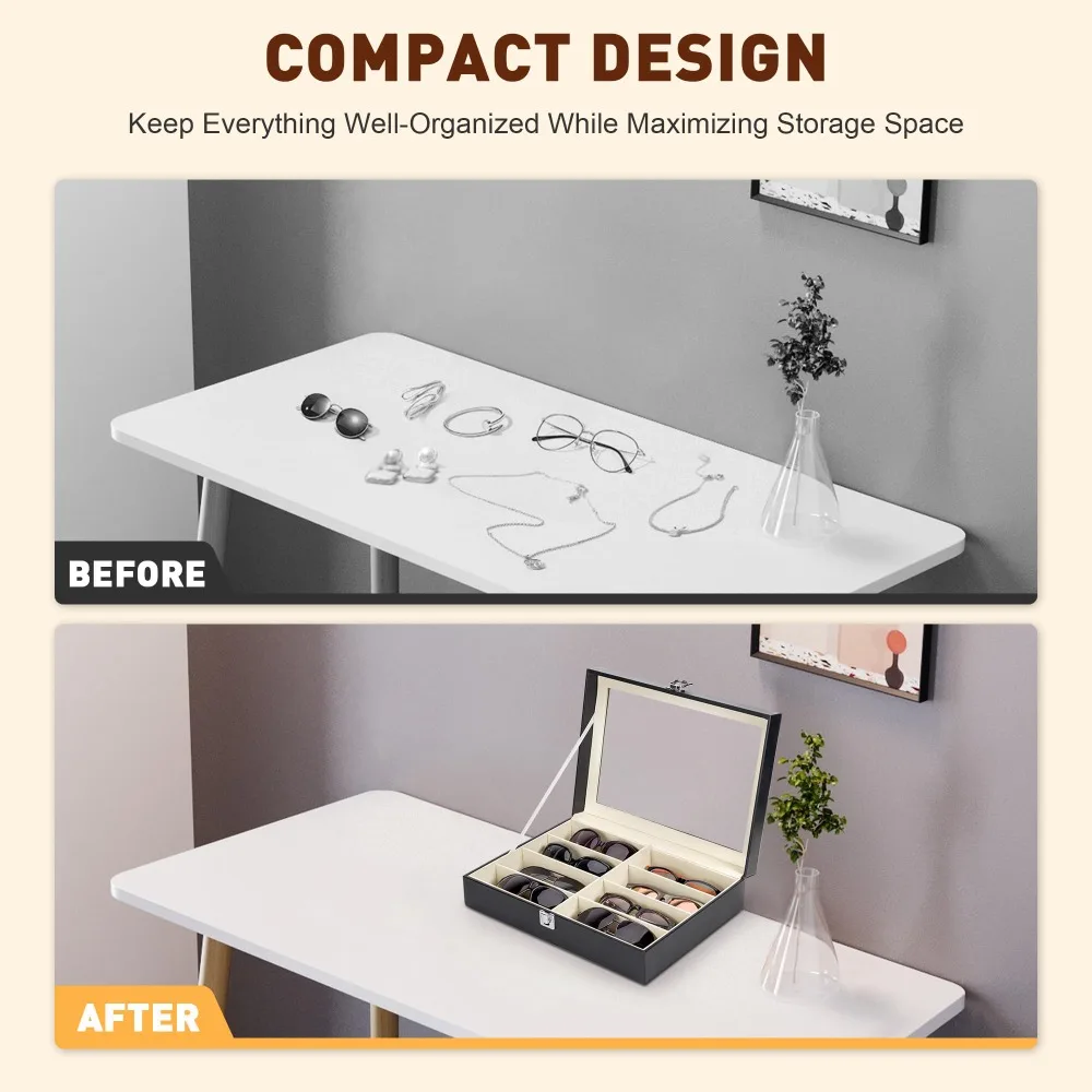 Leather Multi Sunglasses Organizer for Women Men, Eyeglasses Eyewear Display Case with 8 Slots, Jewelry Watch Organizer