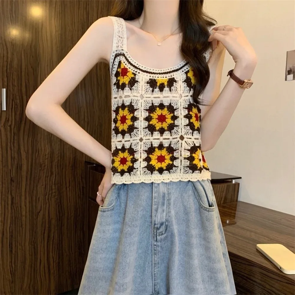 Casual Knitted Hollow Out Vest Strap Colorful Dopamine Crochet Blouse Floral Bohemian Holiday Style Sleeveless Top Women's Top