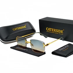 CATERSIDE Square Rimless Sunglasses Men Fashion Brand Designer Sun Glasses Women Seaside Travel Party Gift Box Business Eyewear