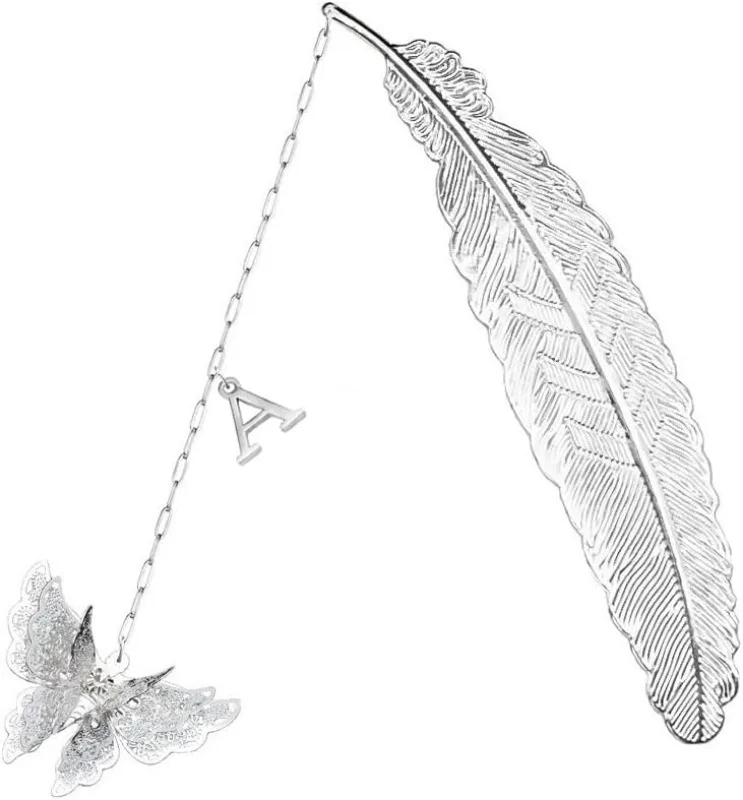 

Закладка с металлическим пером и инициалом и бабочкой, серебряный подарок на заказ для любителей книг