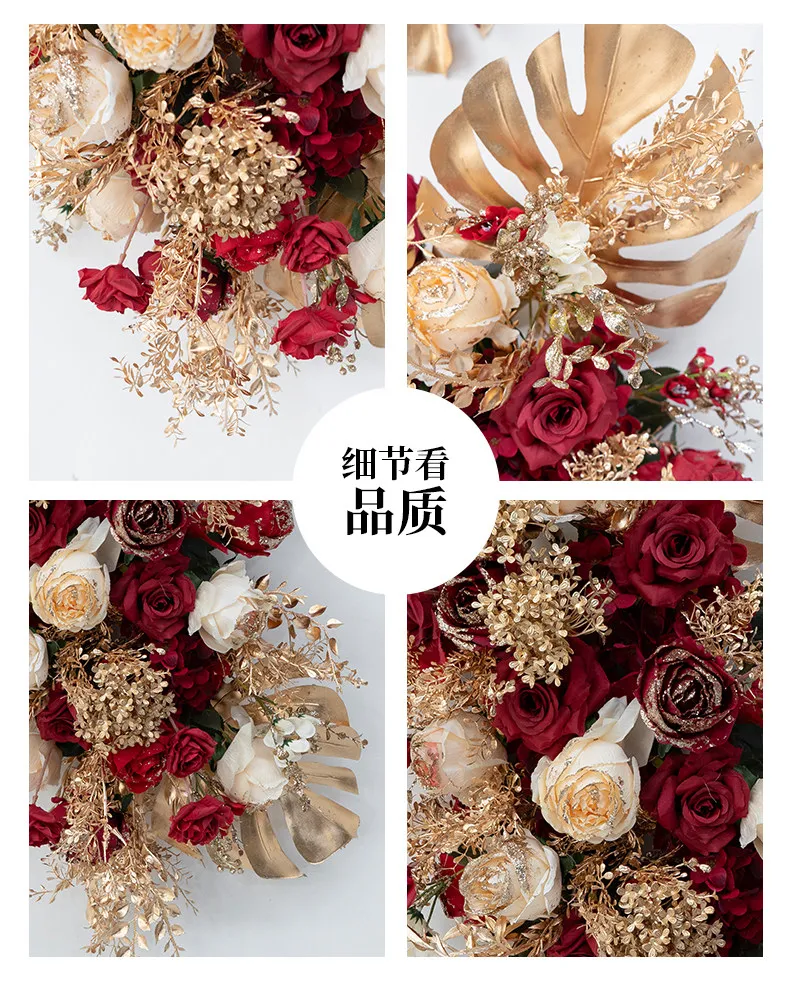 Burgunderrote Roségold-Blätter Hochzeits-Hintergrund-Bogen Hängende Blumenreihe Dekoration Blumenarrangement Wegführung Blumenreihe Willkommens-Requisiten – Detail 3