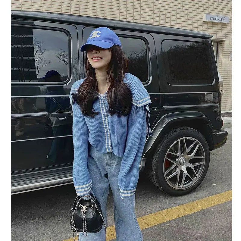 

Sweet Sli темно-синий вязаный открытый кардиган с воротником, женский повседневный свободный свитер с буквенным принтом и воротником-стойкой, пальто для поездок на работу Sle Lon...