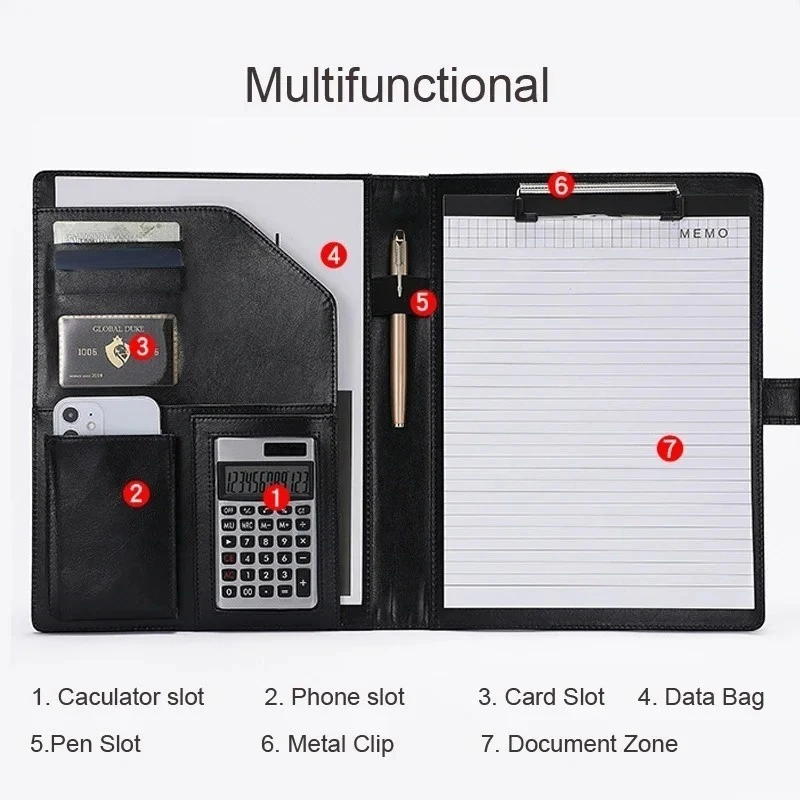A4 Leather Executive Portfolio Folder for Document Business Desk Organizer File Filing Document Holder Clipboard Office Supply view 3