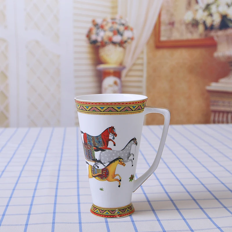 500ML Big Size Beer Cup for Woman Man Horse Pattern Coffee Mug with Gold Line Set Ceramic Cups Coffee Mug Bone China Tea Cup