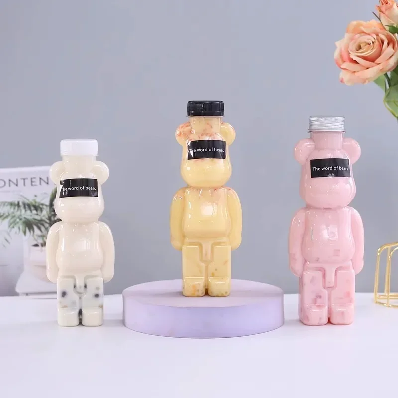 المحمولة 500 مللي لطيف الدب تصميم زجاجة شاي الحليب المتاح PET زجاجة عصير شفافة الكرتون الدب زجاجة عصير الزبادي