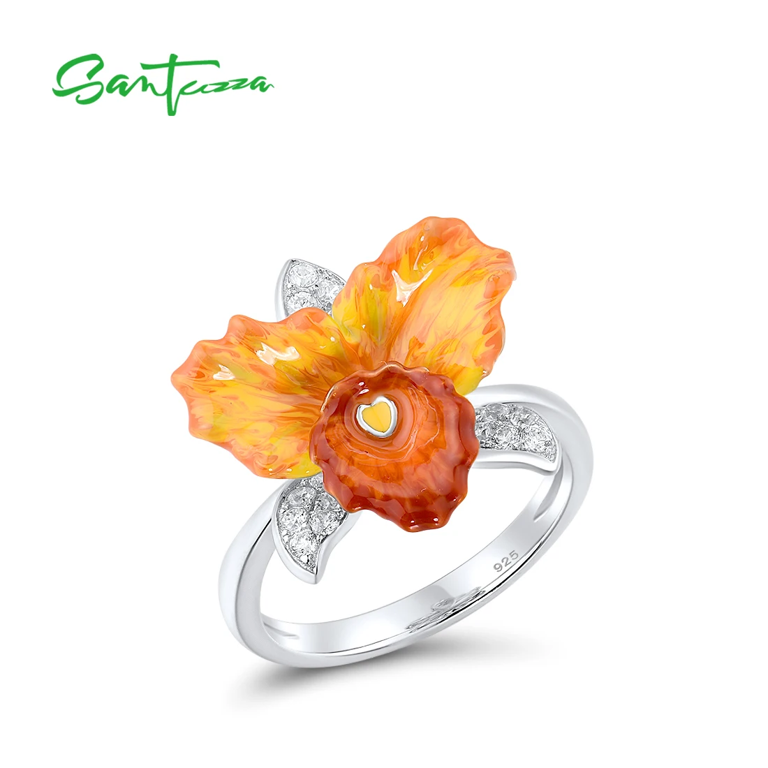 

SANTUZZA Genuine 925 Sterling Silver Rings For Women Sparkling Orange Orchid Enamel Flower Glamorous Wedding Gifts Fine Jewelry