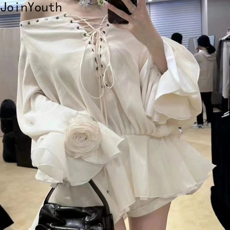 Blouses for Women 2025 Blusas Mujer De Moda Slash Neck Bandage Chic Rivet Sexy Tops 3D Floral Ruffles Temperament Summer Shirts