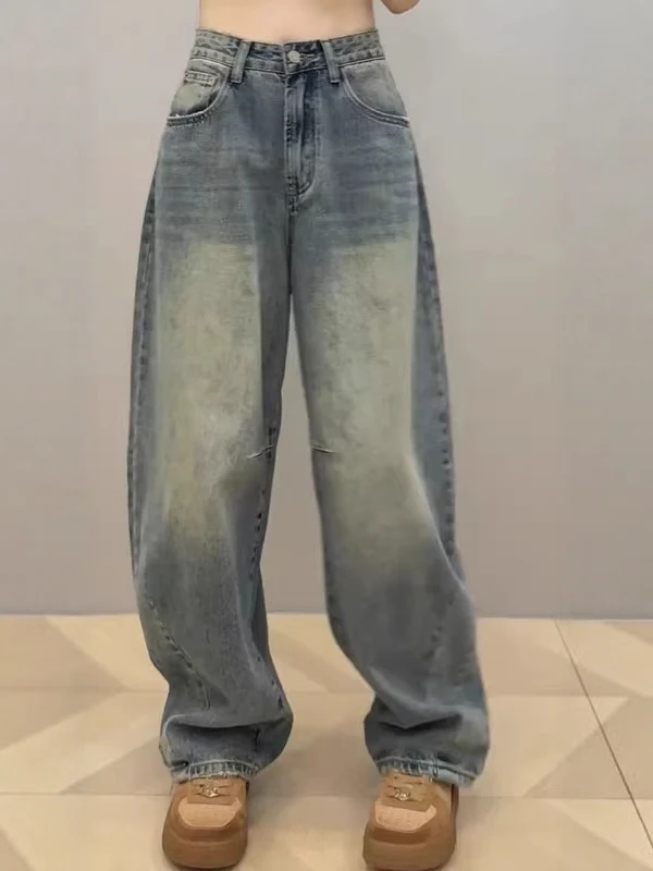Jeans a gamba larga retrò azzurri da donna Estate 2025 Nuovi pantaloni larghi a banana con coltello a banana taglie forti Pantaloni lunghi a vita alta
