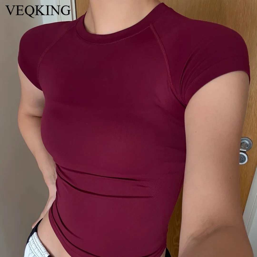 

VEQKING Short Sleeve Tee for Women Seamless Yoga Shirts Quick Dry Elastic Sports Crop Tops High-impact Tight Fitness Workout Tee