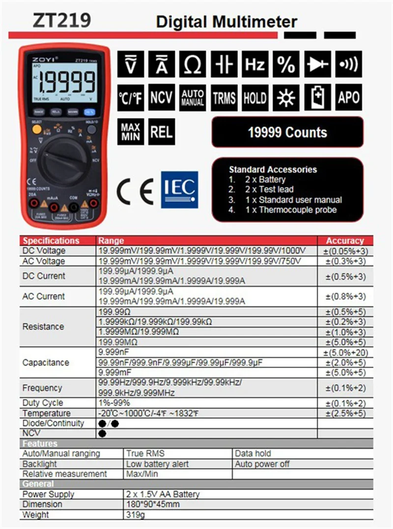 ZOYI ZT219 Digitale Multimeter 19999 Analoge Tester True RMS Professionele Multimetro DIY Transistor Condensator NCV Testers Lcrmeter