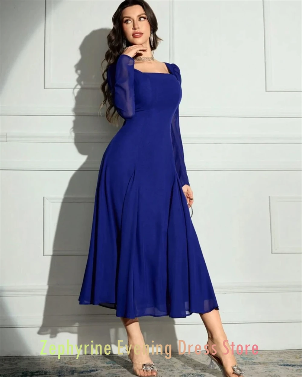 Robe de soirée en mousseline de soie bleue Simple personnalisée, col carré formel, manches longues, robes de soirée, robes d'occasion spéciale à la mode