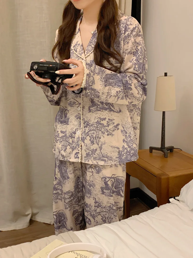 Vintage Totem Pattern Autumn Pajamas Set Women Single Breasted Shirts + Trousers Cotton Casual Sleepwear Lace Elegant Home Suit