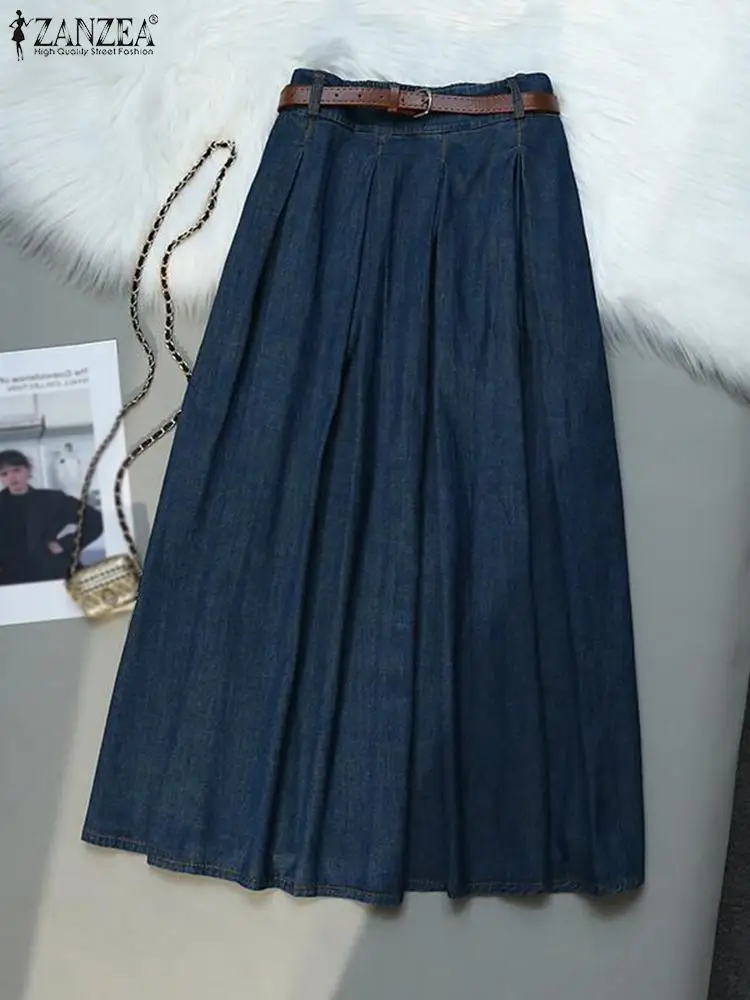 ZANZEA Women Elastic Waist A-line Overskirts Vintage Denim Skirt Korean 2024 Autumn Elegant Blue Pleated Jupe Retro Loose Faldas