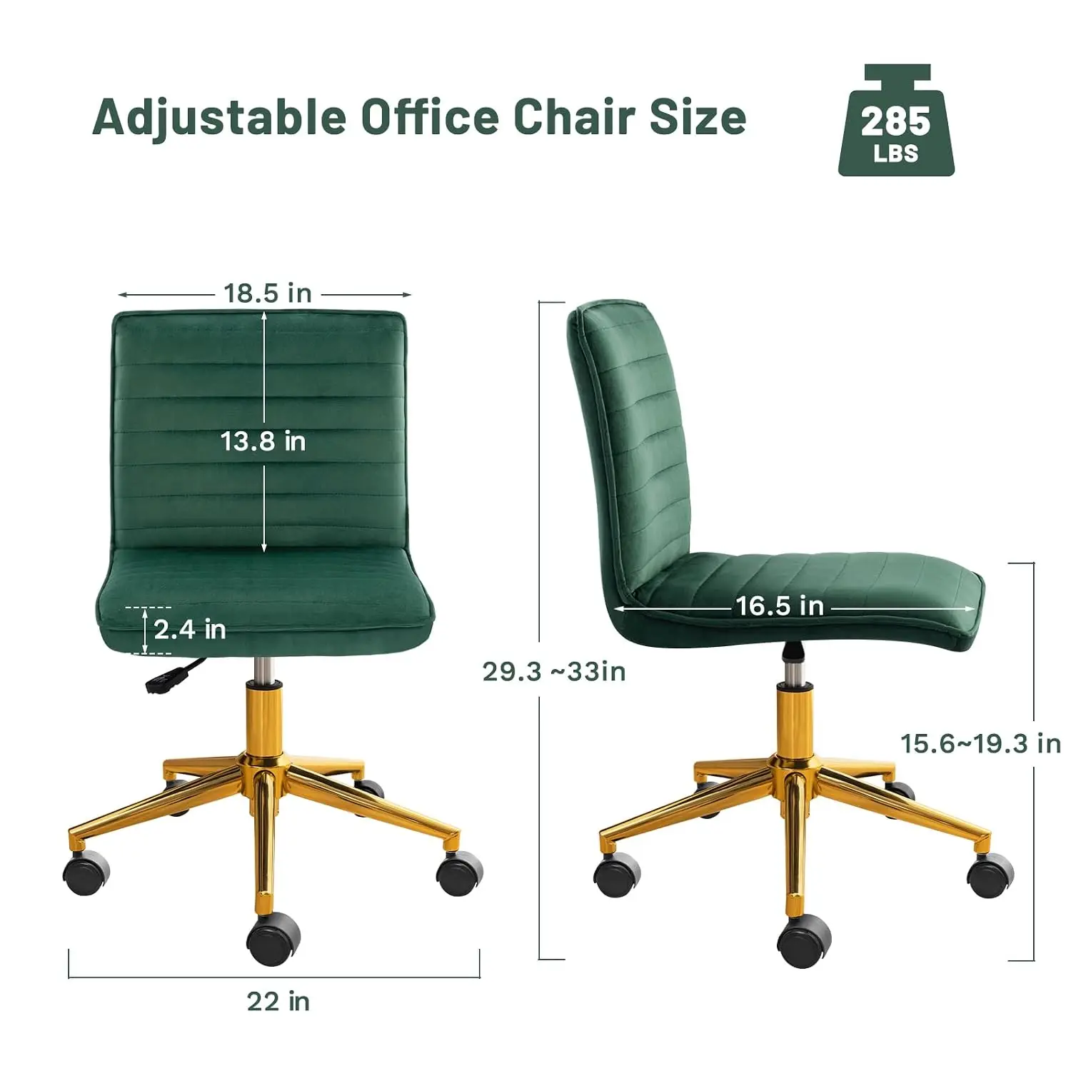 Armless Vanity Chair with Wheels, Computer Rolling Desk Chair with Back Soft Velvet Fabic Height Adjustable Gold Metal Base