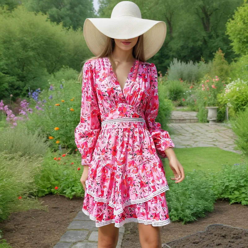 

French elegant high-end skirt fashion high-end printing slim-fit dress fashion simple luxury temperament high-end resort style p