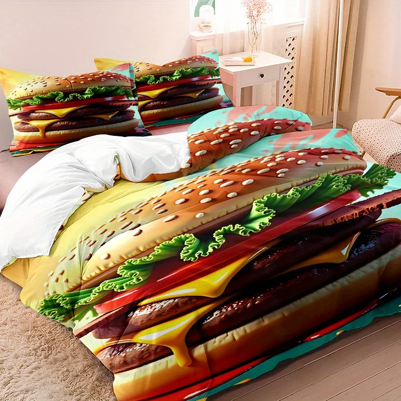 

3pcs Minimalist Modern Duvet Cover Set Art Style 3D Beef Burger Pattern, 1 * Comforter Cover + 2 Pillowcases, No Insert Included