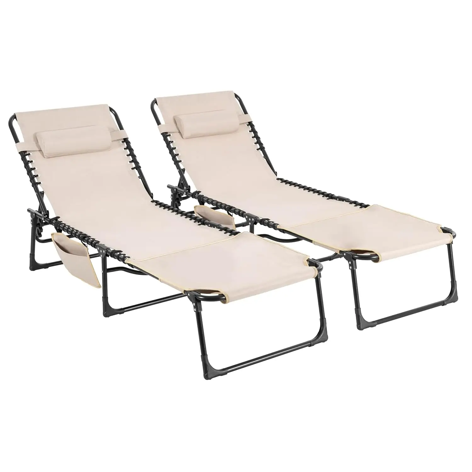 Folding Chaise Lounge Chair Set 2, 5-Position Recliner with Face Hole & Pillow for Beach Pool, Khaki, Customized