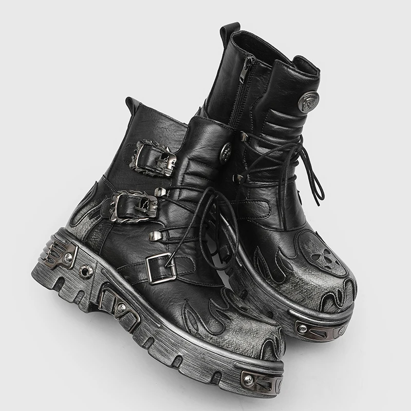 Men Height Increasing Punk Style Skeleton Flame Metal Buckle Thick Bottom High-end Cool  Fashionable Motorcycle Boots, view 5