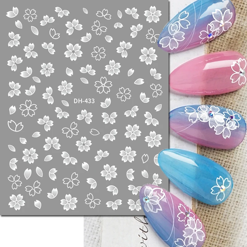 3d Nail Art Stickers White Petals Cherry Blossom Sakura Roses Daisy Flowers Adhesive Sliders Nail Stickers For Manicure