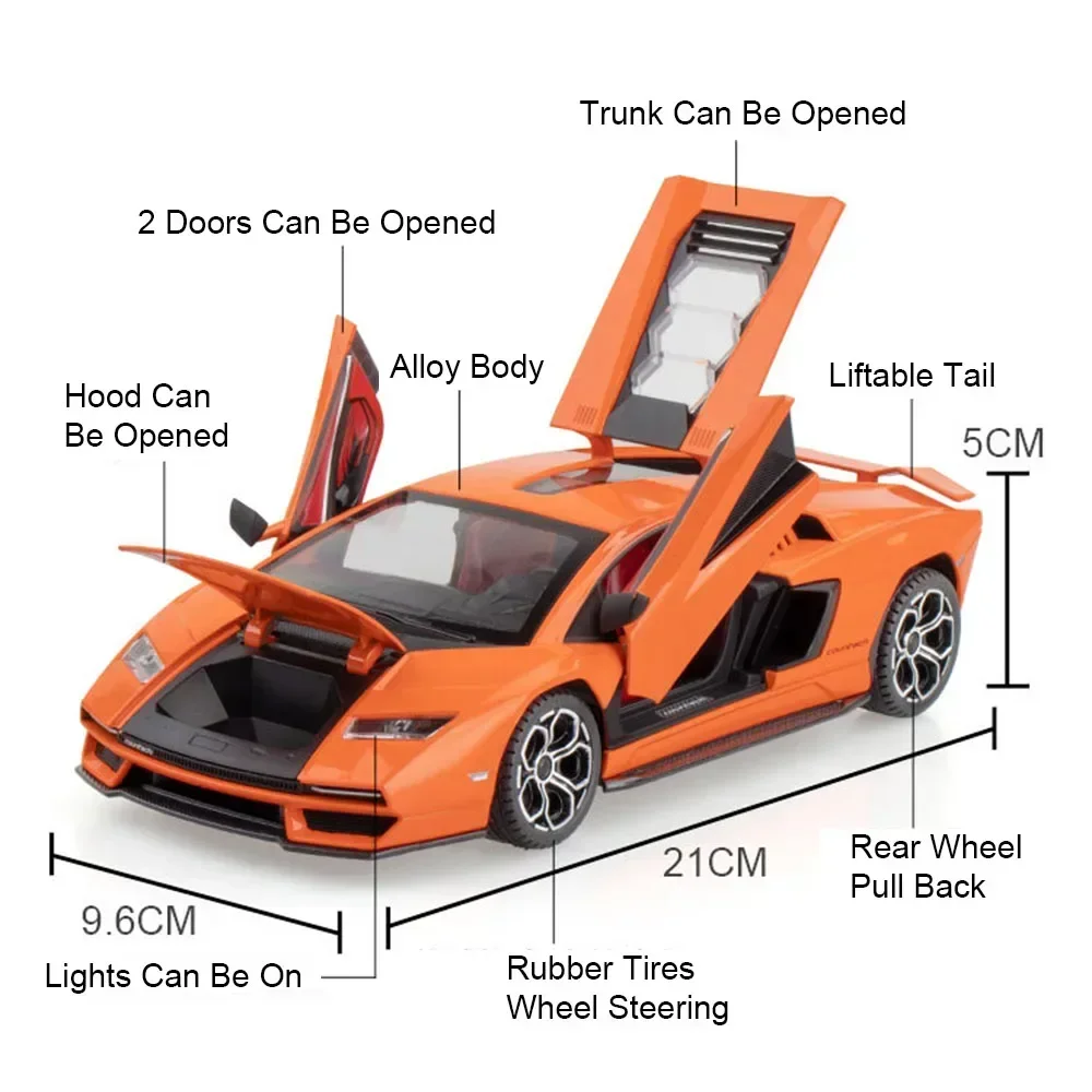 รถโมเดลของเล่นสปอร์ตคาร์ คันทาช แอลพีไอ800-4 รีวูเอลโต ขนาด 1:24 ผลิตจากโลหะผสม พร้อมเสียง ไฟ ประตูเปิดได้ แบบดึงหลัง ของเล่นเด็กแบบอินเทอร์แอคทีฟ