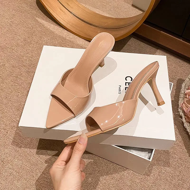 

Designer Women's High Heel Slippers Thin Heels Pointed Toe Slippers Dress Banquet Summer Mature Concise Zapatillas De Mujer