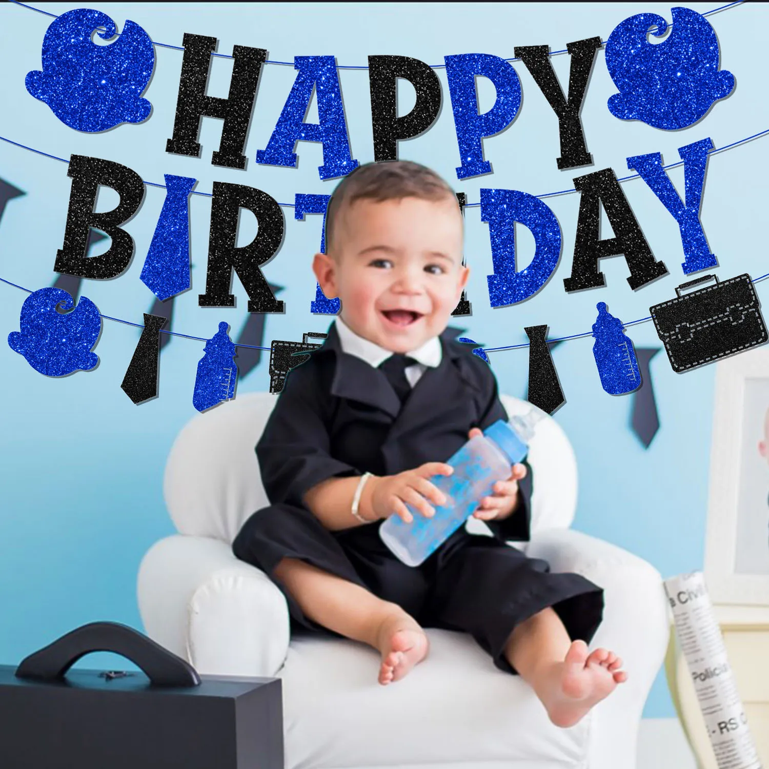 Boss Theme Birthday Party Decoration for Boy, Glitter Blue, Black, Happy Birthday Banner, Garland for 1st 2nd and 3rd Baby