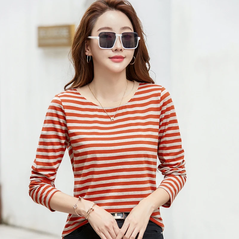 Korean Autumn Women’s Long Sleeve T-shirt Cotton New Fashion Knit Basic Stretch Stripped Tee Shirts For Women 2023