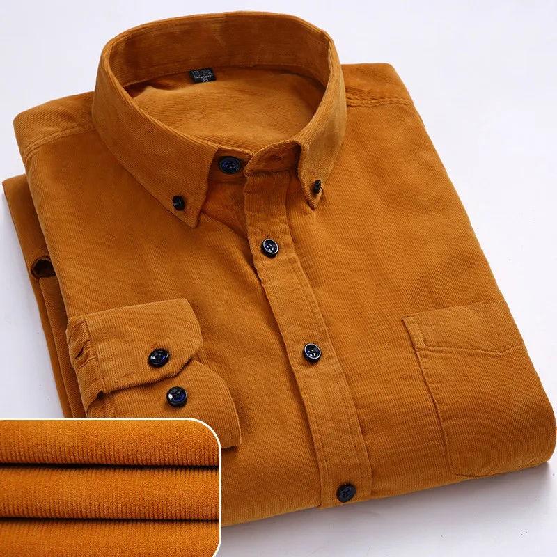 6XL Autumn/winter Warm Quality 100%cotton Corduroy long sleeved button collar smart casual shirts for men comfortable