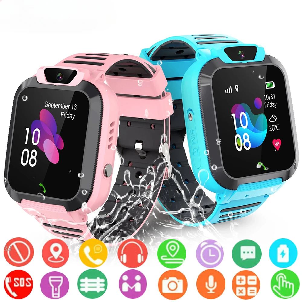 

New Kids Smart Watch 2G SOS Call LBS Tracker Location Sim Card Kid Watch Camera Voice Chat IP67 Waterproof Smartwatch Children