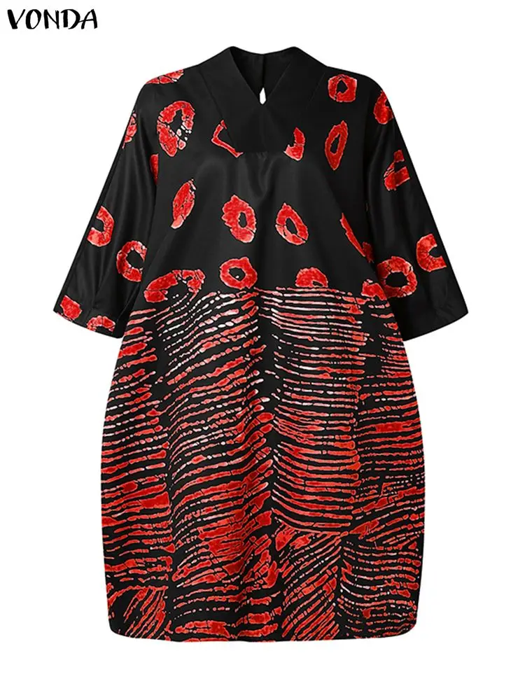 حجم كبير 5XL فوندا البوهيمي طباعة فساتين صغيرة النساء 3/4 كم الخامس الرقبة عادية فضفاض حفلة Vestidos عطلة الخريف موضة رداء