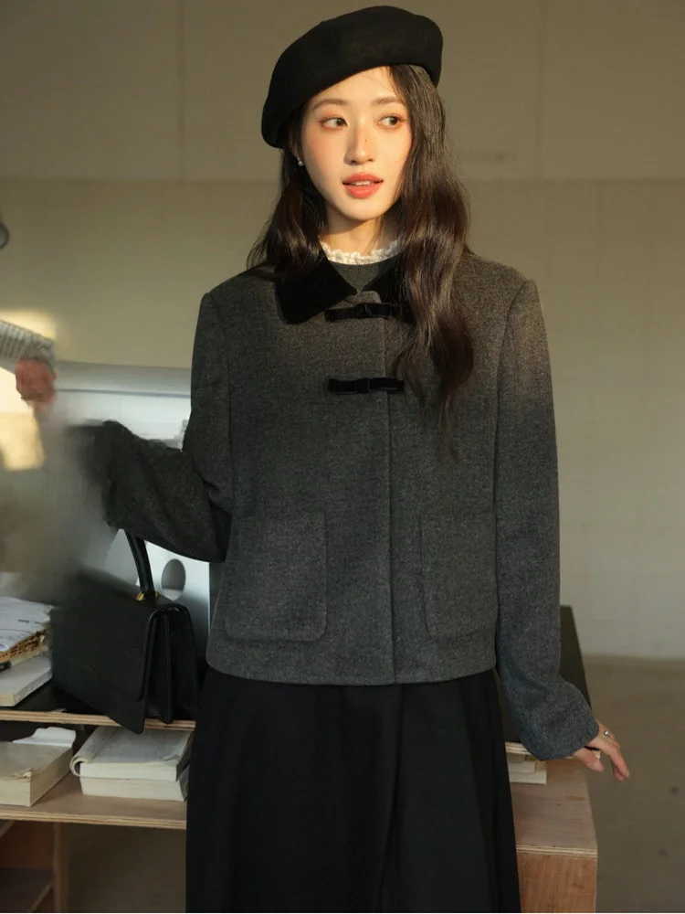 

Velvet Doll Collar ort Woolen Coat Women's Winter Elegance Anti-Aging Retro Tweed Top Sweet Sle Pure Color Polyester Blend