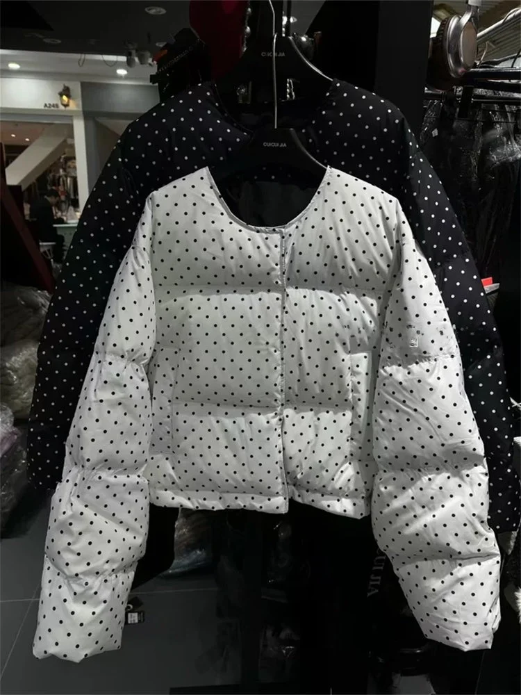 

Уникальная женская пуховая куртка в горошек из хлопка, весенняя, модная, в корейском стиле, свободного кроя, с длинными рукавами, круглым вырезом, на одной пуговице.